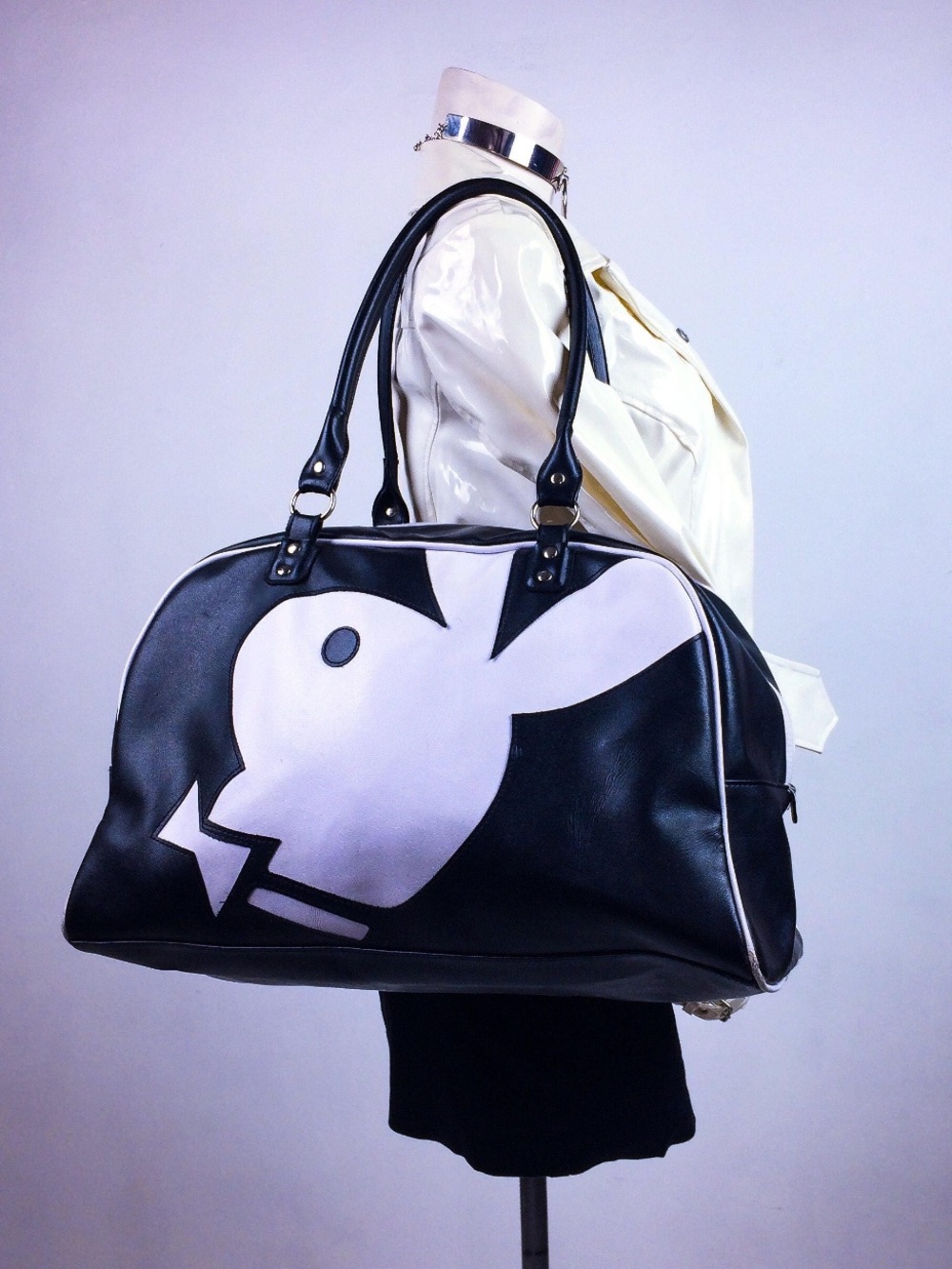 90's Playboy Bunny Faux Leather Carry All Luggage Black and White Duffle Bag